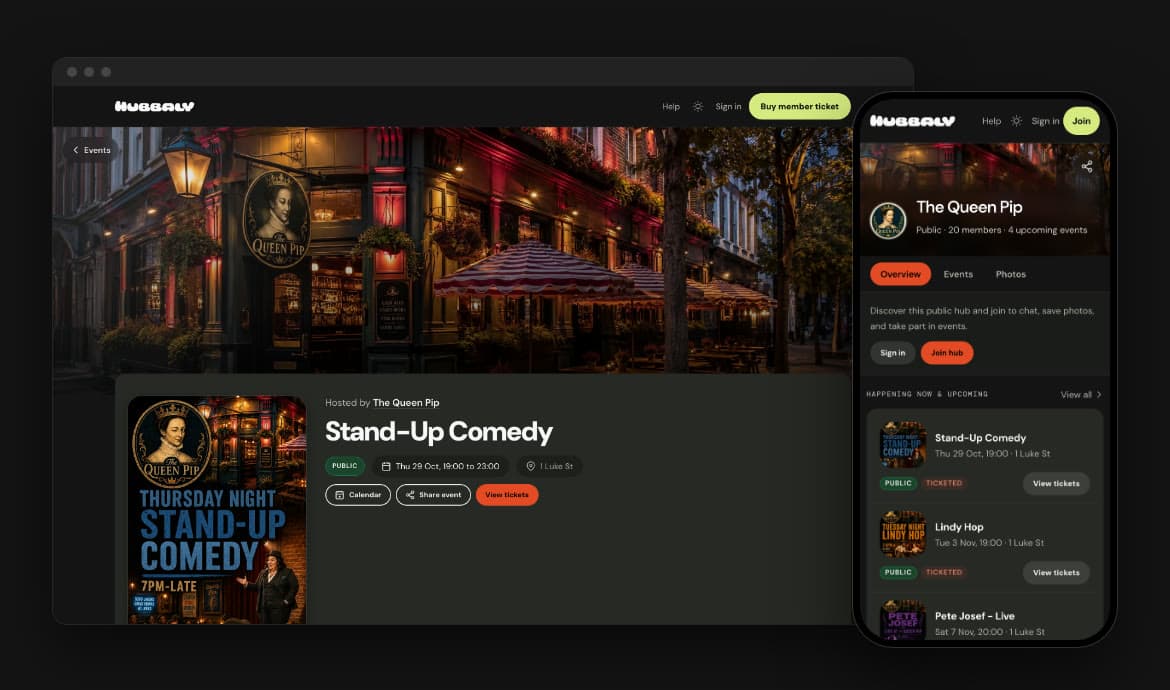 Hubbaly's new design: The Queen Pip's hub on a phone and its Stand-Up Comedy night on a computer.