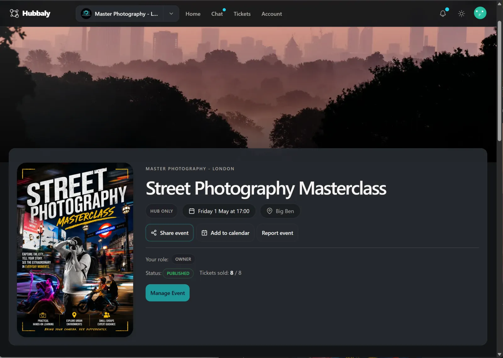 A Hubbaly event page for a photography masterclass with branding, details and ticket status