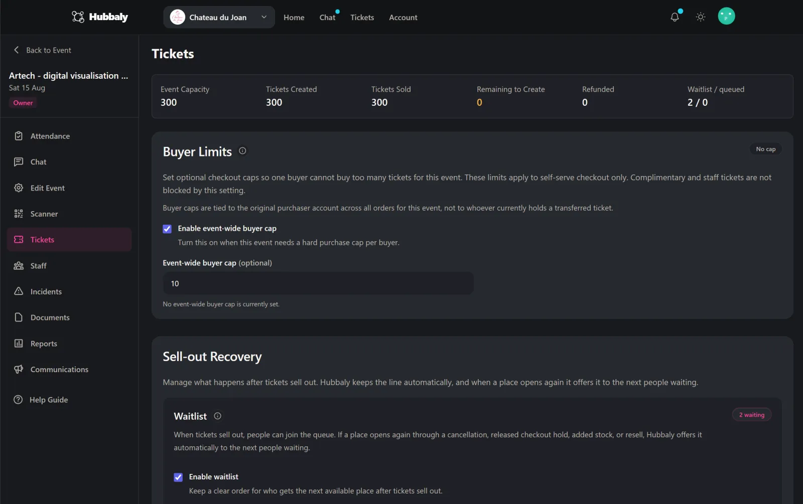 Hubbaly ticket management showing capacity, buyer caps and a waitlist
